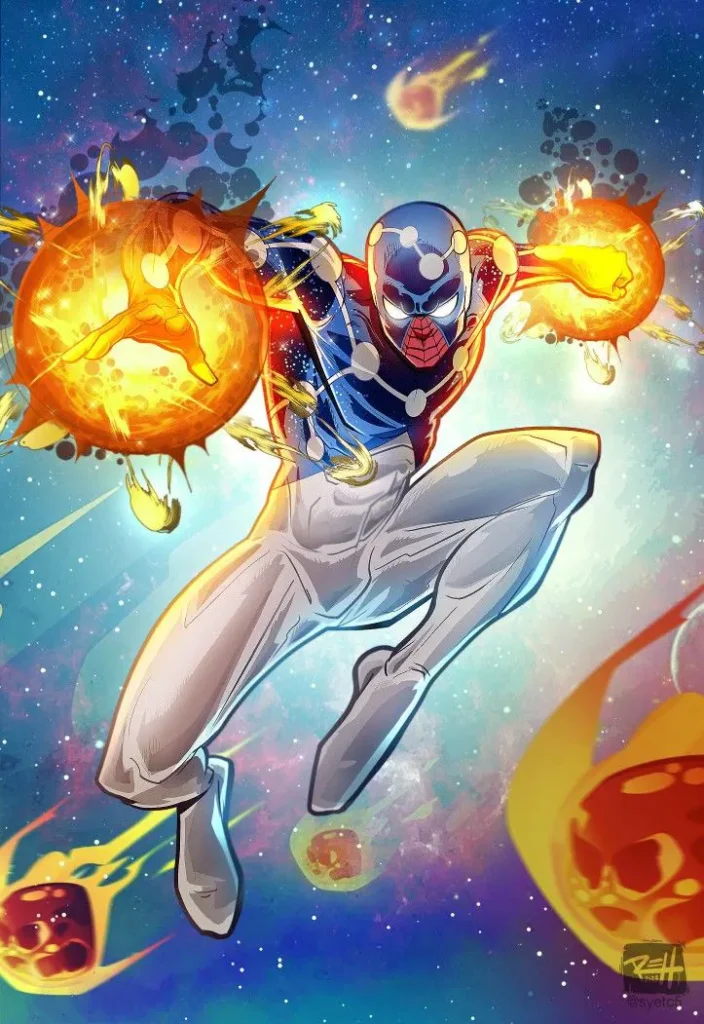 Cosmic Spider-Man glowing with cosmic energy, hovering above Earth with power radiating from his bod