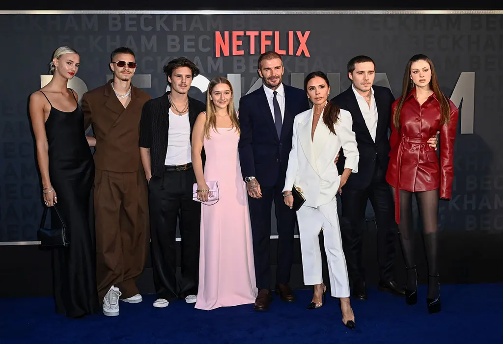 david-victoria-brooklyn-beckham-family-drama A split image depicting the Beckham family (David, Victoria, and younger children) on one side
