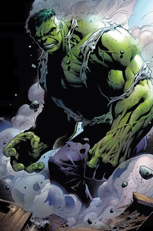 Hulk roaring mid-transformation, smashing through rubble