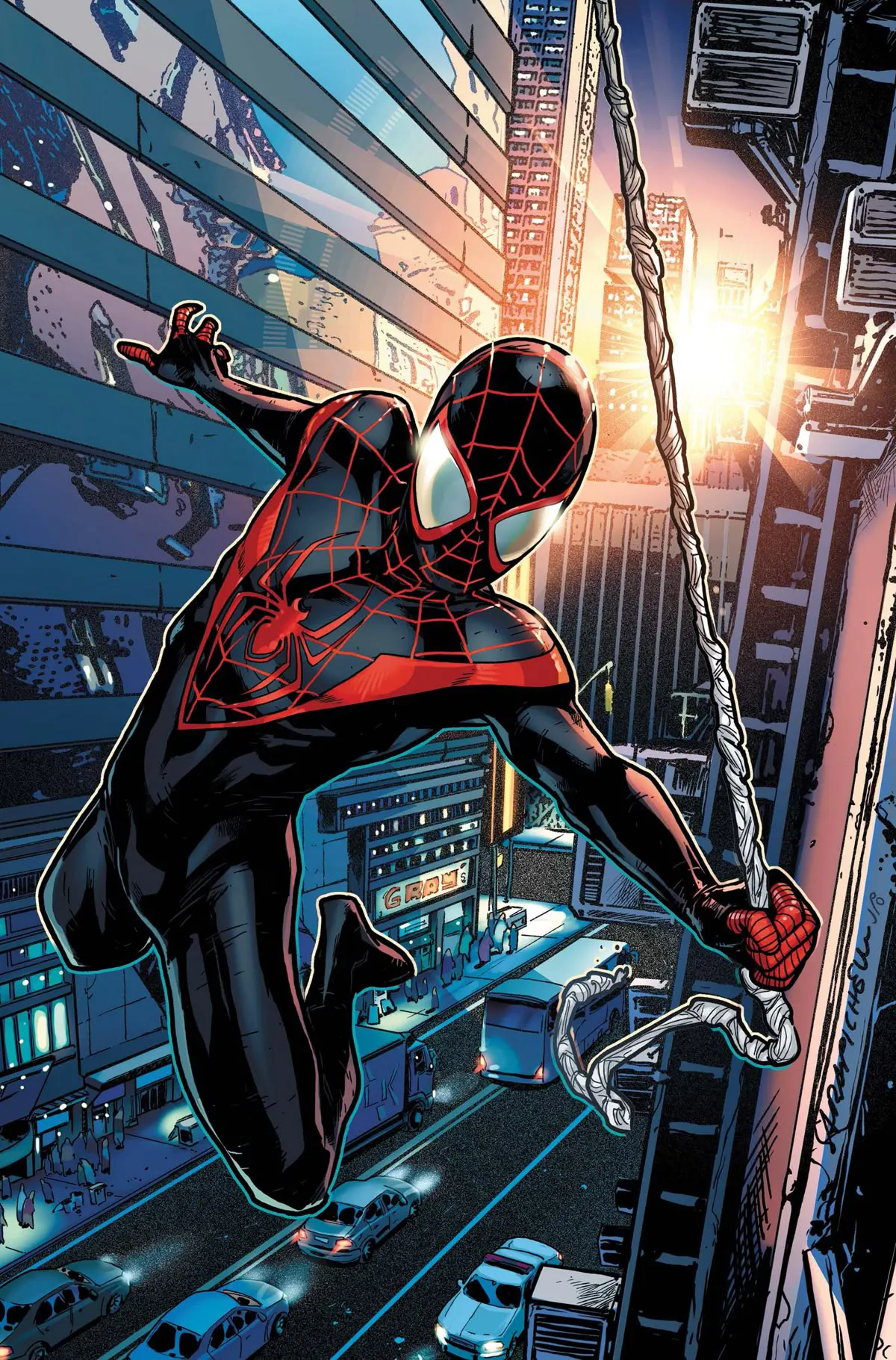Miles Morales in his black and red suit, using venom blast powers with lightning crackling