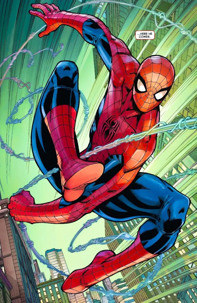 Classic Spider-Man swinging through New York City with a determined look