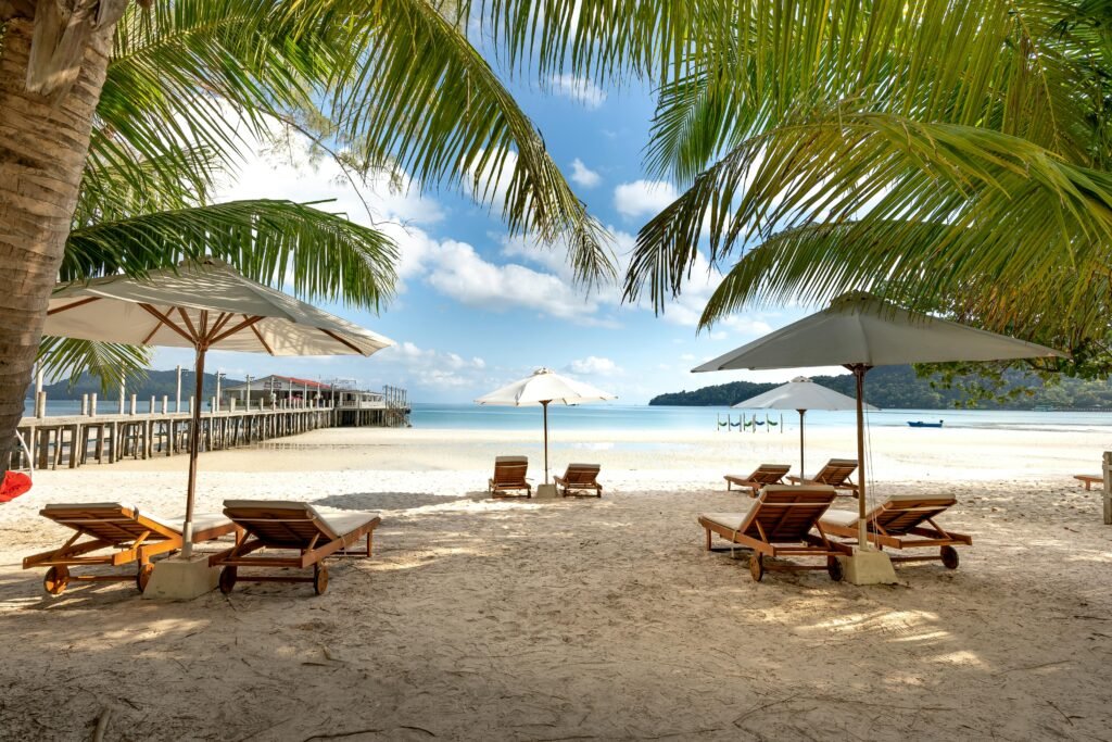 pexels-photo-3355777-3355777 Relaxing tropical beach view with palm trees, umbrellas, and lounge chairs on a sunny day.