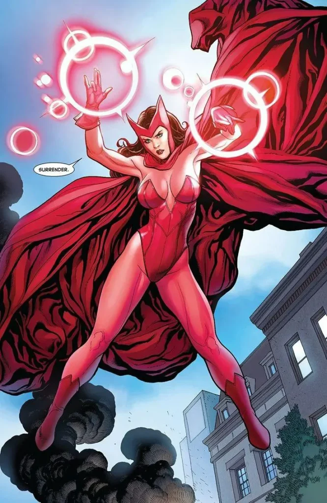 Scarlet Witch floating mid-air with glowing red energy around her hands, casting chaos magic