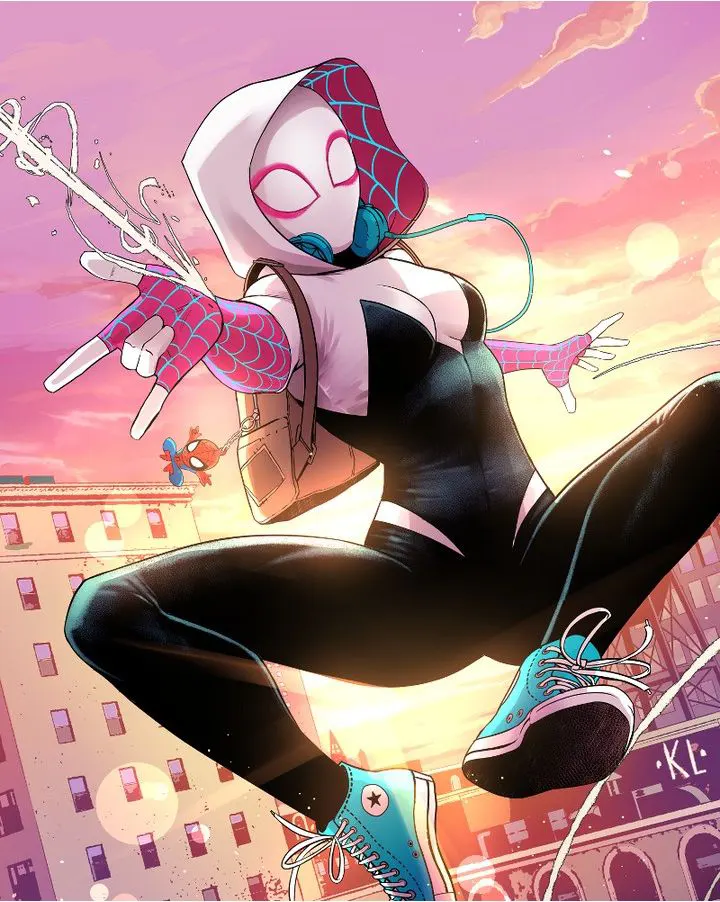 Spider-Gwen flipping acrobatically mid-air with her white hood up and pink web patterns glowing