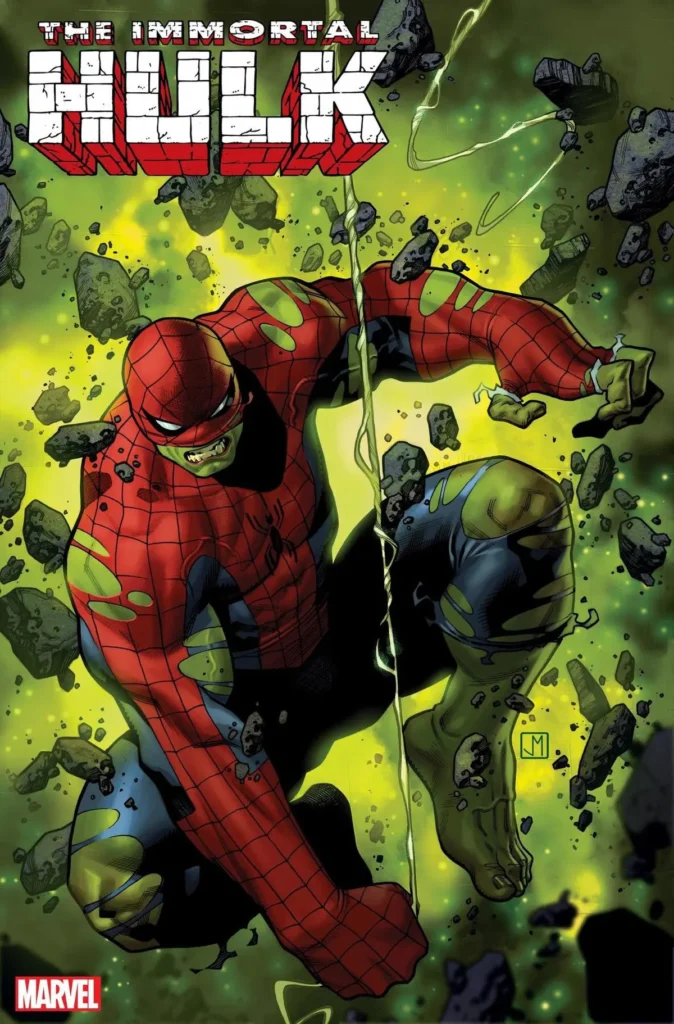 Spider-Hulk roaring mid-smash, wearing a torn Spider-Man costume with green gamma-infused muscles
