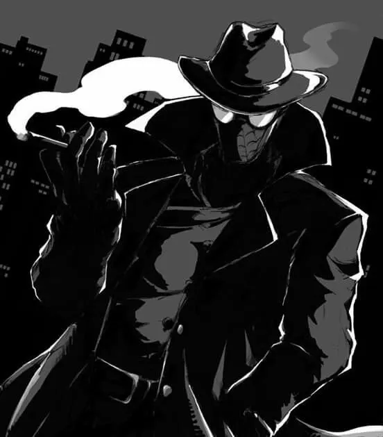 Spider-Man Noir in a trench coat and fedora, standing in the shadows of a 1930s alley