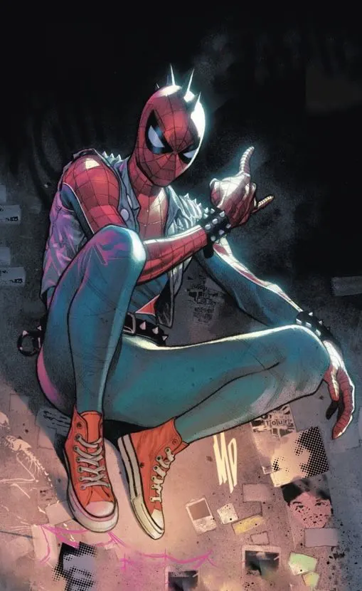 Spider-Punk playing a guitar mid-air with electric energy blasts, wearing a punk vest and mohawk