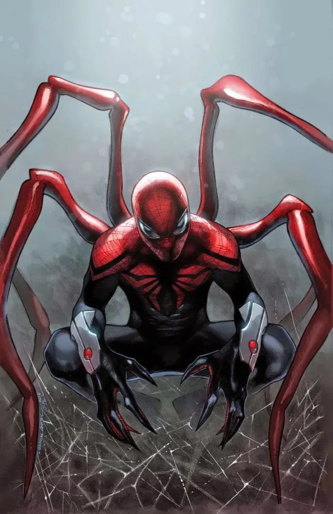 Superior Spider-Man with glowing red eyes, surrounded by spider-bots in a high-tech lab