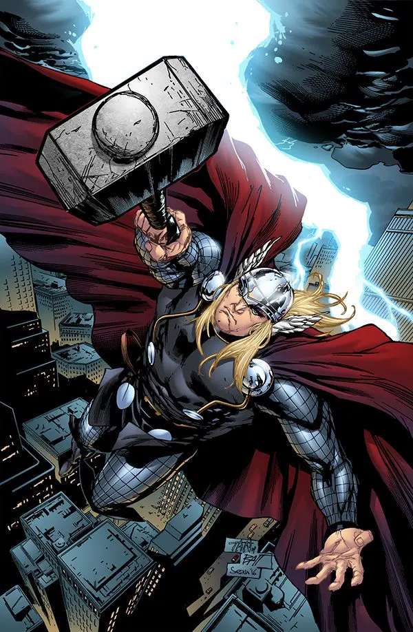 Thor wielding Mjolnir with lightning surrounding him on a stormy battlefield