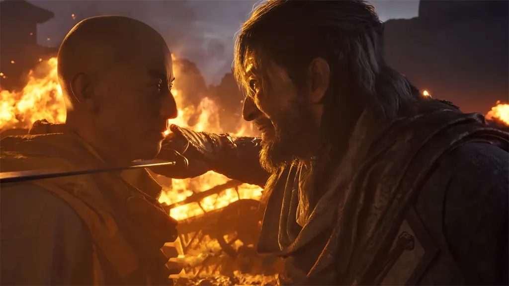 netease-blood-message-game Screenshot from the Blood Message reveal trailer showing a character in intense combat amidst ancient Chinese architecture, highlighting its action-adventure gameplay
