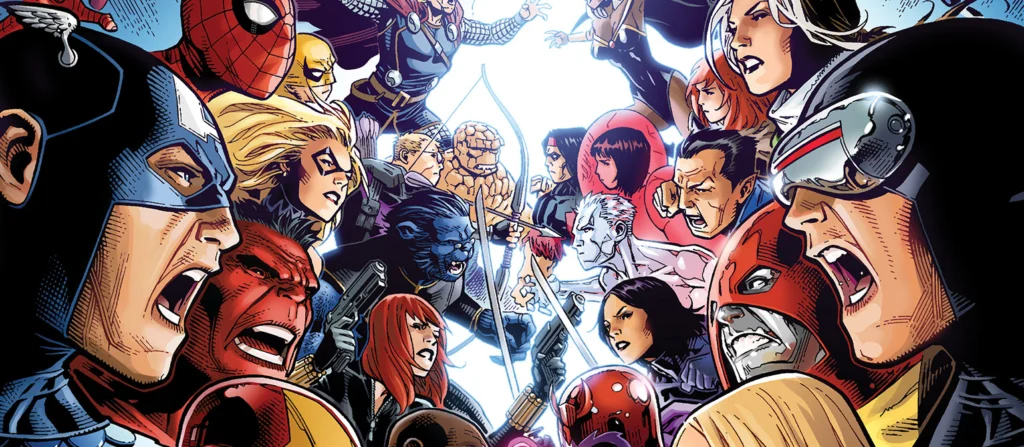 avengers-x-men-mcu-marvel-cinematic-universe Marvel Secret Wars comic art with Avengers and X-Men crossover battle