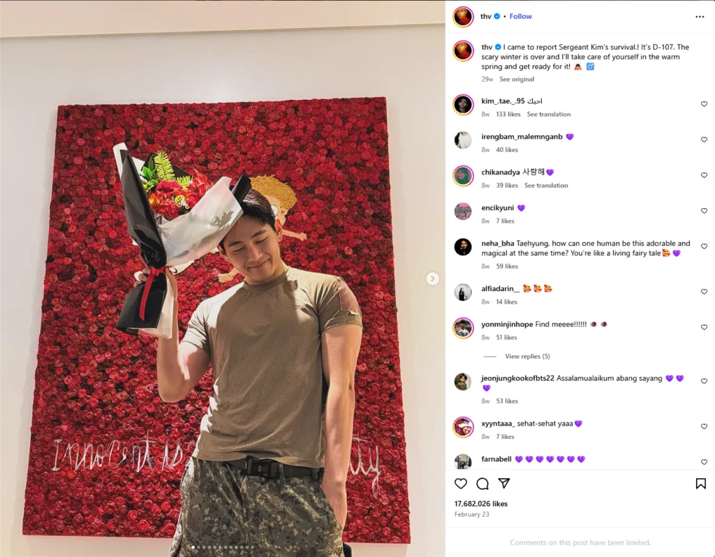 BTS V military Instagram update 2025 teddy bear hat