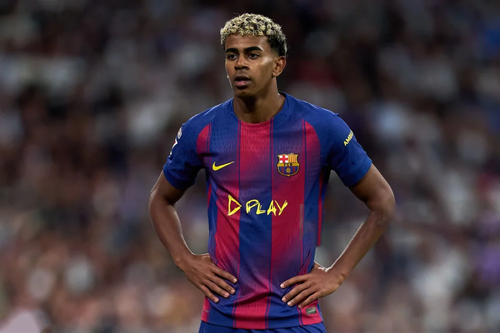 Lamine Yamal celebrating a goal for Barcelona in 2025