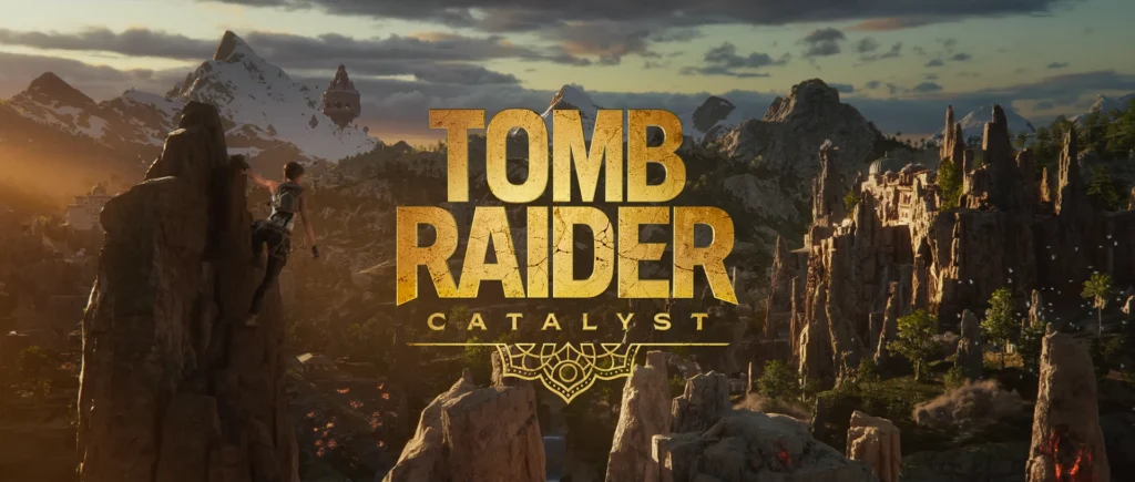 2.	Action shot from Tomb Raider: Catalyst showing Lara Croft using a mechanical wrist-mounted grappling hook to swing across a chasm in Northern India.