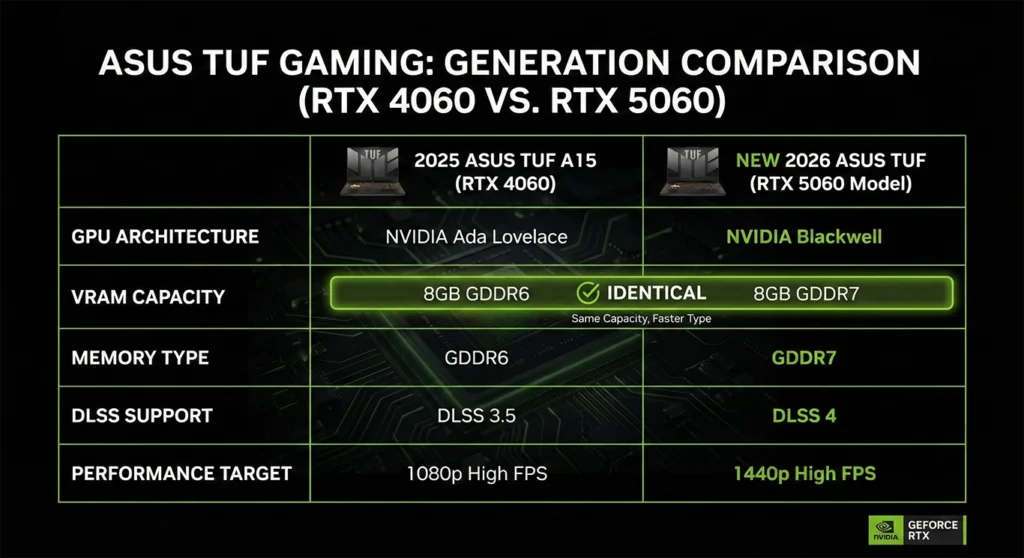 Side-by-side comparison of the 2025 ASUS TUF A15 (RTX 4060) and the new 2026 model, highlighting the identical VRAM specs.