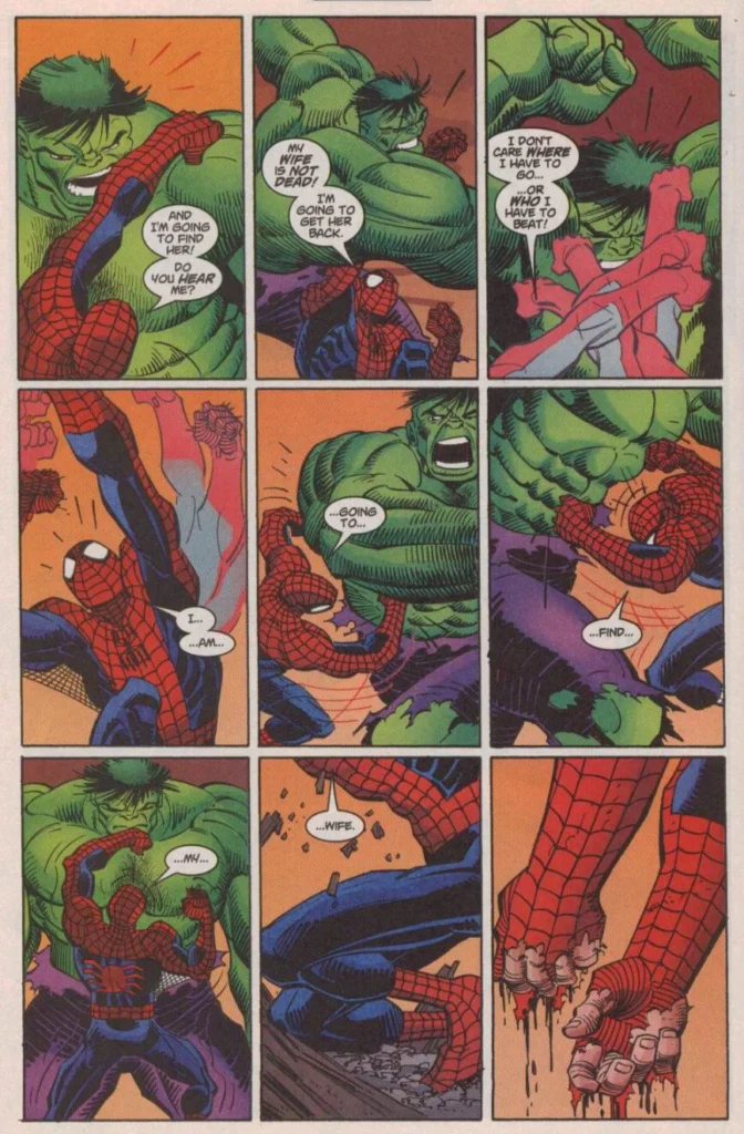 A massive, grey-skinned Hulk fighting Spider-Man in the middle of Times Square